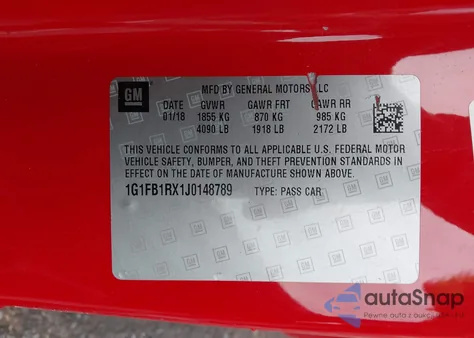 2018 Chevrolet Camaro 1Lt из США, поврежденный, VIN 1G1FB1RX1J0148789